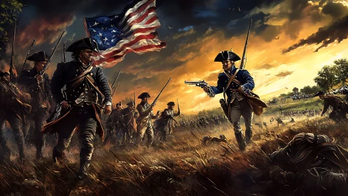 Dramatic revolutionary charge under a stormy painted sky.