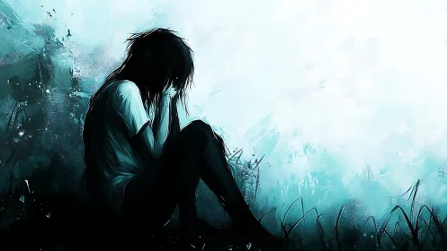 Solitary silhouette curls inward beneath a washed-out sky