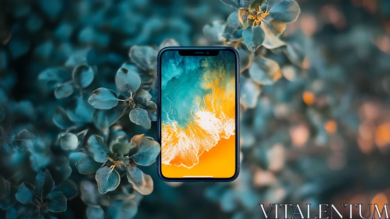 Smartphone displaying ocean wave landscape amid foliage surroundings