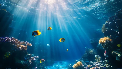 Sunlit coral reef with yellow tropical fish in clear water.