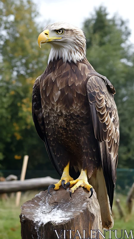 Regal bald eagle perched calmly in soft forest sunlight.