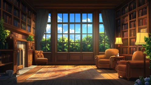 Sunlit library lounge opening onto a calm green garden view.