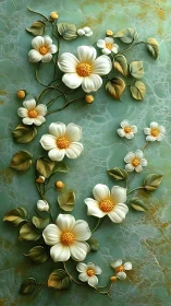 Embossed white blossoms curl across aqua marble relief