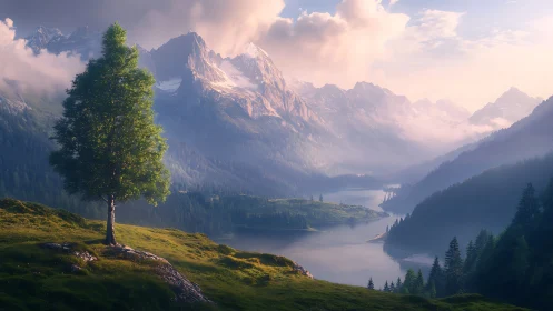 Solitary birch above misted alpine lake and sunlit granite peaks