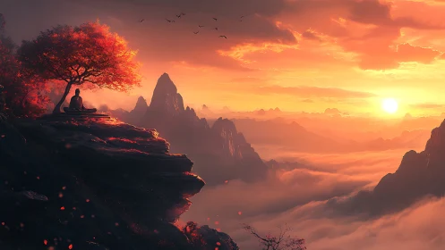 Sunset meditation above cloud sea in fiery mountainscape.