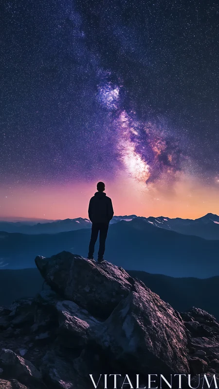 Silhouette on mountain ridge under dense Milky Way sky.