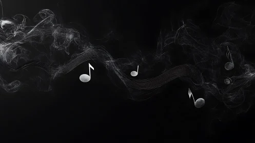 Monochrome musical notes dissolve into smoke against dark field