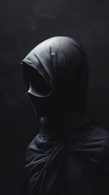 Monochrome hooded figure rendered with high contrast cloth shading