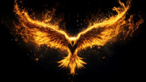 Majestic Phoenix in Fiery Flames Digital Art on Dark Background.