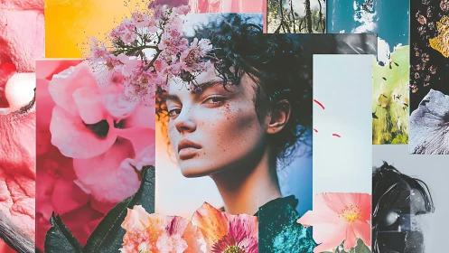 Layered portrait collage with floral and abstract panels.