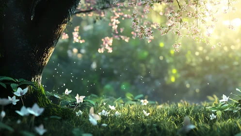 Sunlit blossom grove casts soft light across wildflowers.