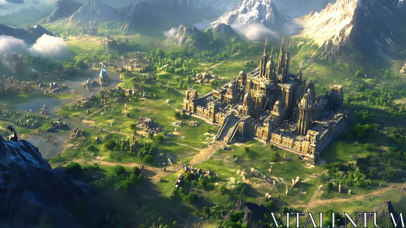 Sunlit citadel unfurls across emerald, mist-ringed valley