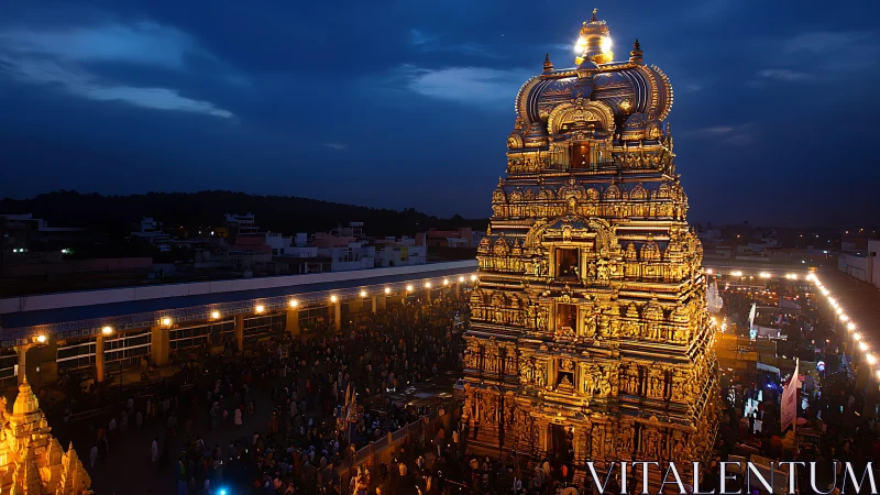 Golden temple tower blazing against electric monsoon dusk.