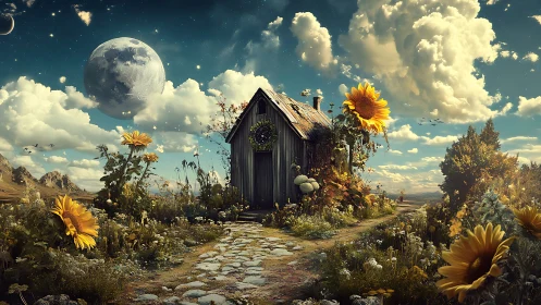 Surreal cottage landscape with oversized sunflowers and twin moons