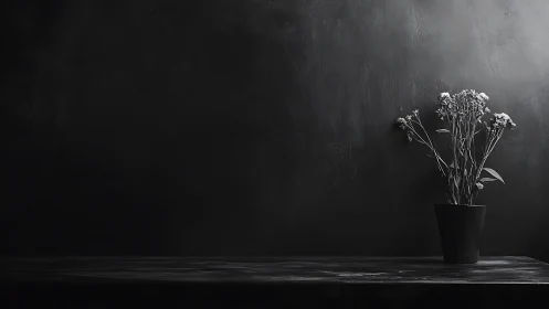 Minimalist black still life with potted dried flowers on table.