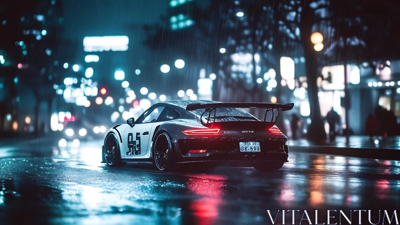 Racing sports car on wet neon city street at nighttime.