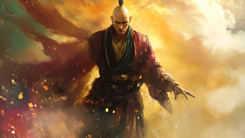 Bald robed figure amid swirling fiery cloud background.