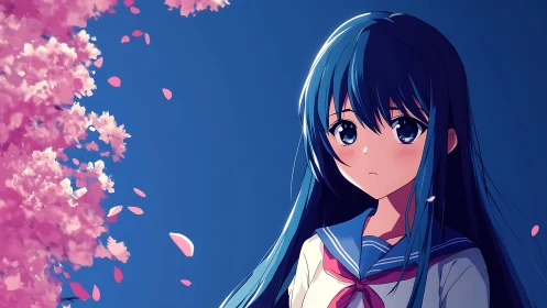 Quiet blue-haired girl under drifting cherry blossoms.