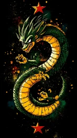 Coiled Saiyan dragon howls between twin rebel stars.
