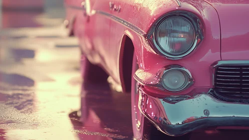 Wet pink classic car front with chrome details at dusk.