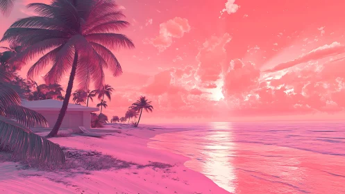 Dreamy pink sunset beach with calming palm-fringed shore.