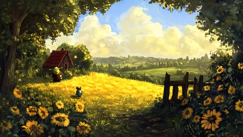 Ogre cottage overlooks sunlit sunflower meadow and valley