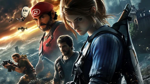 Storm-lit heroes stand united in a tense urban battlefield