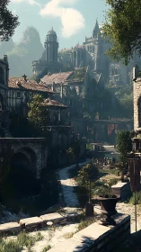 Medieval stone city ascends a hillside under clear daylight