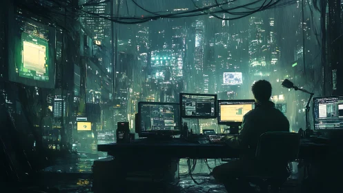 Night coder quietly shapes a neon city from a rainy loft