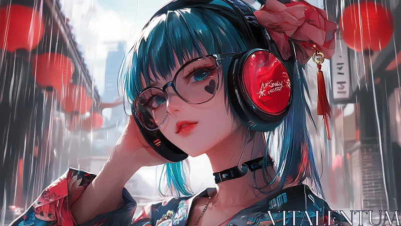 Headphoned girl in rainy street with red lanterns background.