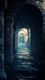 Subterranean stone arcade channels reflective tidal water in blue light