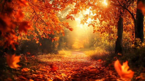 Sunlit autumn tunnel where falling leaves whisper softly.