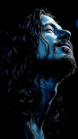 Upward-lit blue portrait of contemplative long-haired man.
