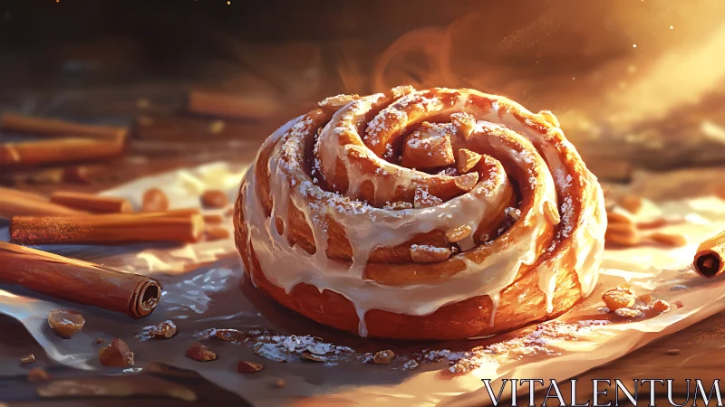 Cinnamon roll with white glaze on wooden surface under warm lighting