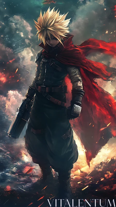 Armored gunman strides through incendiary battlefield with dynamic lighting