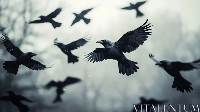 Dark crows in misty forest sky, dramatic motion study.