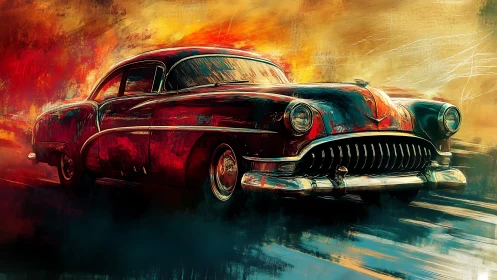 Vintage coupe surges through abstract inferno in dynamic hues
