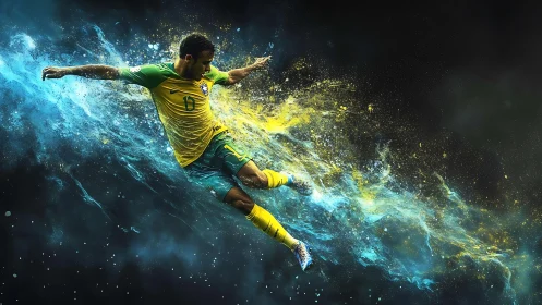 Dynamic soccer player explodes through blue and yellow energy.