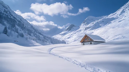 Cozy mountain cabin resting in a soft, sunlit winter valley.