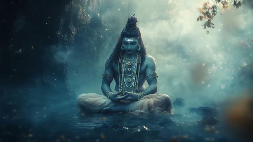 Mystic blue yogi in moonlit cavern pool of silent prayer.