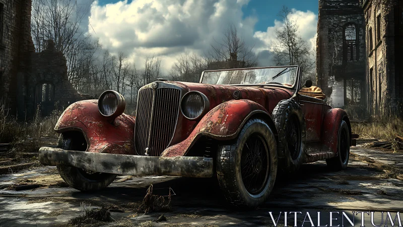 Weathered prewar roadster in decayed industrial courtyard.