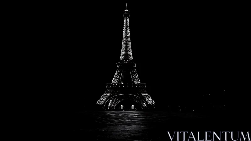 Nocturnal Eiffel Tower rendered in minimalist high-contrast monochrome