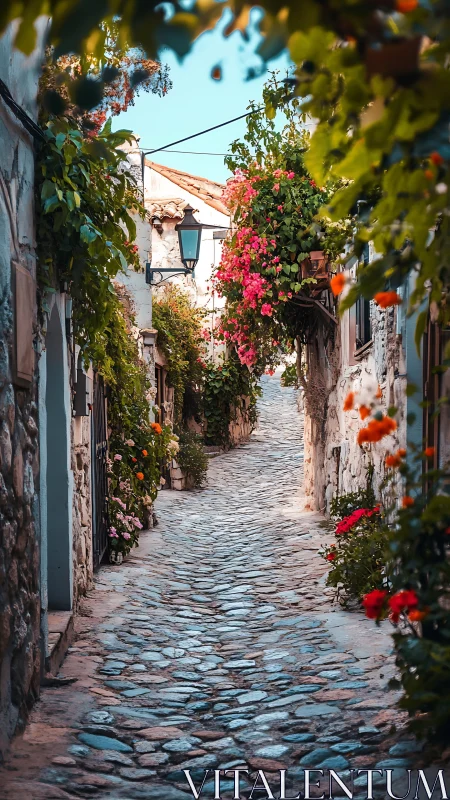 Sunlit cobblestone lane curls beneath a riot of blooming color