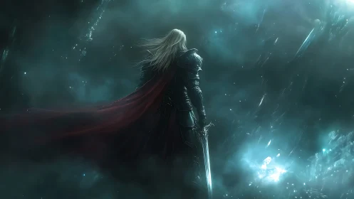 Armored warrior overlooking ethereal storm of teal light.