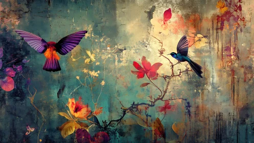 Vibrant songbirds traverse an abstract floral dreamscape
