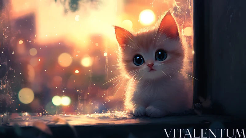 Luminous White Kitten Gazing Through Sunset Window