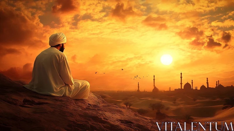 Man in desert watching sunset over distant mosque skyline.