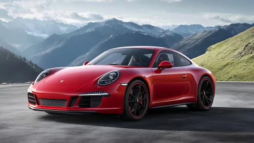 Red sports coupe on mountain road with distant alpine range.