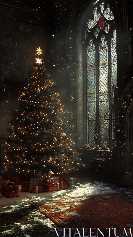 Gothic hall Christmas tree illuminated by stained-glass light
