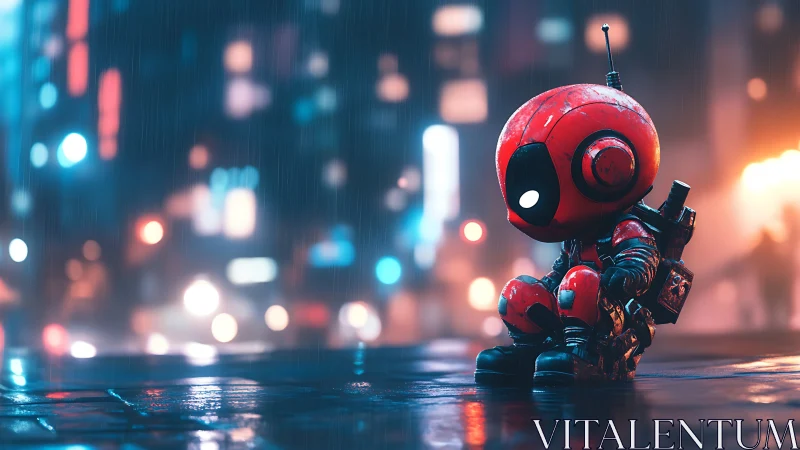 Miniature red urban mech sentinel in neon rainstorm nightscape.
